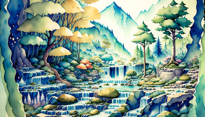 Magical waterfalls in a fairytale ambiance. Watercolor style. Generative AI.