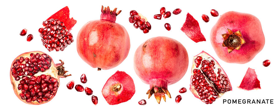 Fresh red pomegranate fruits isolated. PNG with transparent background. Flat lay. Without shadow.
