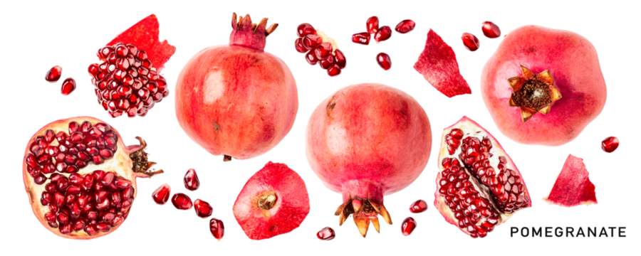 Fresh red pomegranate fruits isolated. PNG with transparent background. Flat lay. Without shadow.