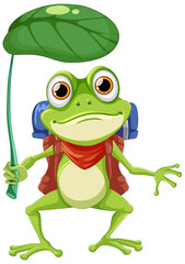 Green Frog Cartoon Character Holding Leaf Umbrella