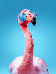 Close up of pink flamingo wearing sunglasses on isolated pastel blue background.Generated by artificial intelligence. Summer beach party or summer holidays fashion concept. - obrazy, fototapety, plakaty