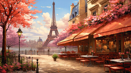 cafe in Paris with the Eiffel tower, ai generative