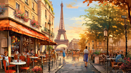 cafe in Paris with the Eiffel tower, ai generative - obrazy, fototapety, plakaty