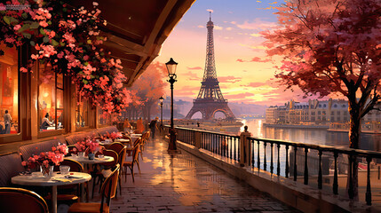 cafe in Paris with the Eiffel tower, ai generative - obrazy, fototapety, plakaty