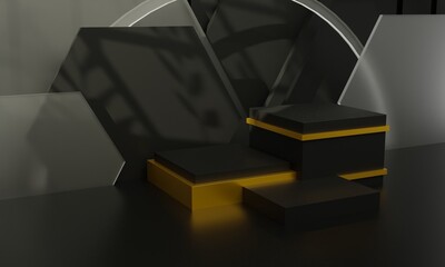 luxury black podium with golden color blend for product presentation.3d render illustration