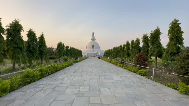 Lumbini, Nepal - 22 May 2023: World Peace Pagoda in Lumbini, Nepal.