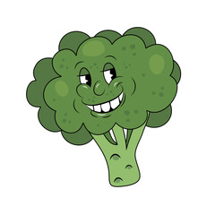 Broccoli vegetable face retro cartoon trendy groovy comic character. Modern illustration cute comic character cartoon style. Hand drawn doodle white background. Can be used as stickers, prints, more.