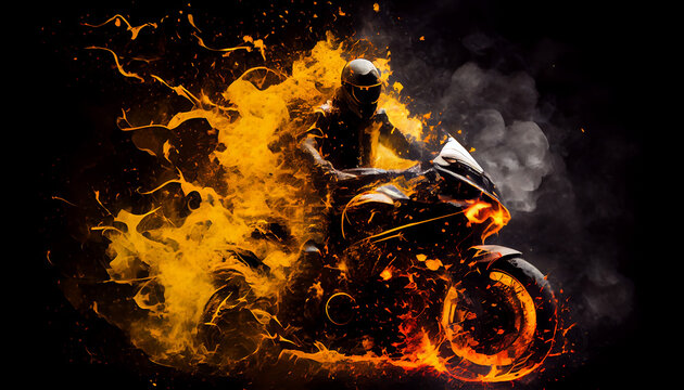 Blazing Motorcyclist on moto in fire, burning racing, AI generate.