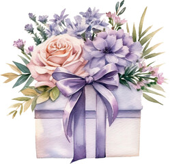 Beautiful bouquet of flowers in a gift box. Watercolor