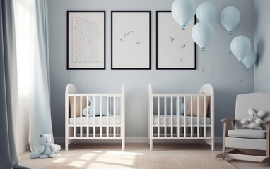 Baby room interior with white cot and balloons, Generative AI