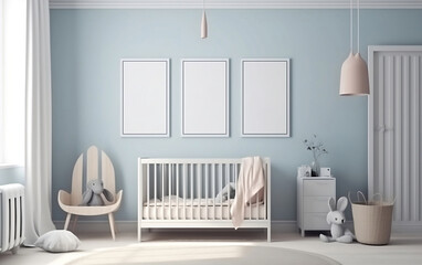 Mock up poster frame in baby room interior background, Generative AI