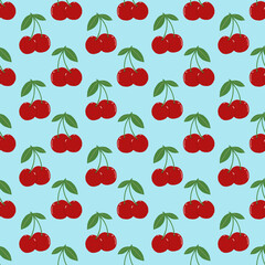 Cherry seamless pattern on blue background. Fruit wallpaper