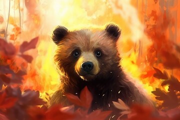 A bear cub in a burning forest. Danger of forest fires for wild animals. Generative AI.