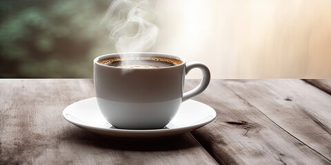 Fresh Espresso Coffee on Wooden Table. Closeup of Hot Aroma and Breakfast Morning Drink with Cup and Background Cafe