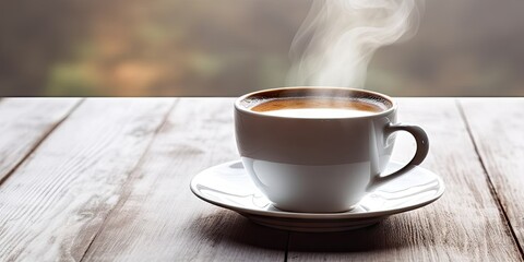 Fresh Espresso Coffee on Wooden Table. Closeup of Hot Aroma and Breakfast Morning Drink with Cup and Background Cafe