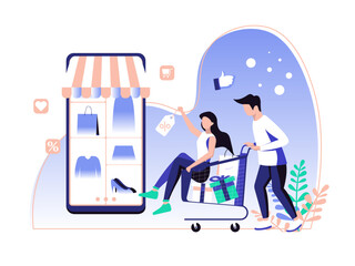 Illustration of online shopping concept, woman riding a shopping cart. suitable for web application design, banners, landing pages. flat style illustration.