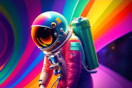 Abstract image of cosmonaut in colors of rainbow. Generative AI