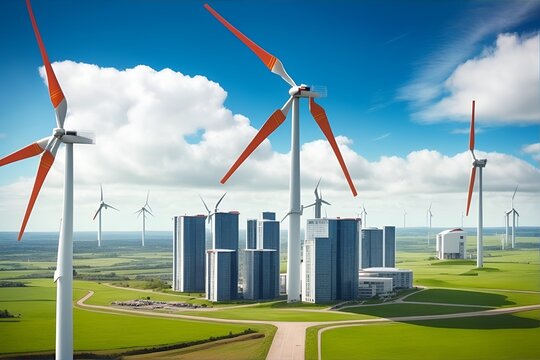 Photo wind turbines and buildings on the earth. Generative AI