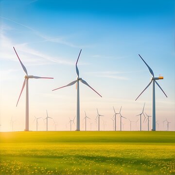 Photo wind turbines on summer morning. Generative AI