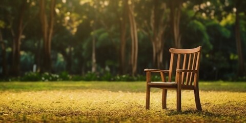 Wooden chair in the garden blurred background, AI Generated