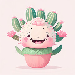 Cute cartoon cactus character. illustration of a cactus in a pot. Generative AI