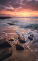 Fototapeta na wymiar Sunset on the beach with rocks and sea waves. Long exposure. Generative AI