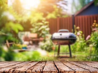 Summer time in backyard with wooden table, grill BBQ and blurred background