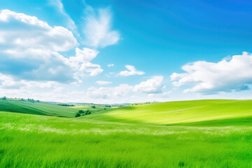 Obraz premium Green grass field and blue sky with clouds