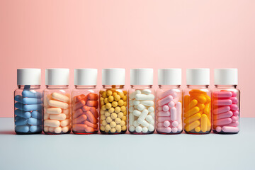 Multicolored different capsules and pills in percolated plastic vials stand in a row on a pink background. Pastel colors palette. Generative AI 3d render illustration imitation. - obrazy, fototapety, plakaty