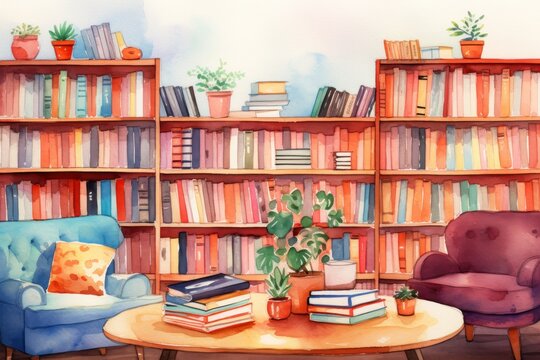 Hand drawn Living room with bookshelves and books and cozy sofa background.