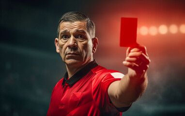 soccer referee shows red card to send off fouled player. Serious, decisive and severe - obrazy, fototapety, plakaty