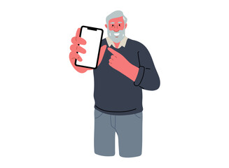 Senior man showing on mobile phone and give a hint.Vector Illustration