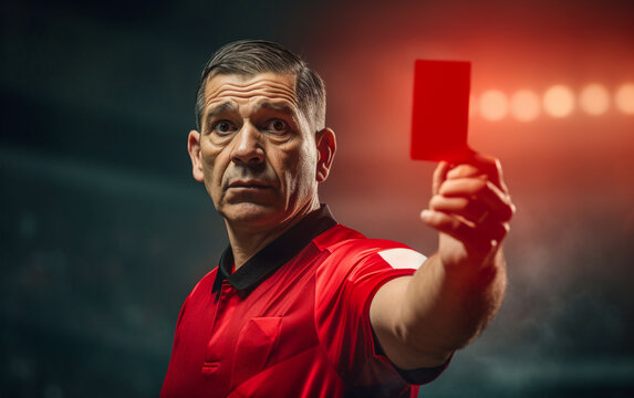 soccer referee shows red card to send off fouled player. Serious, decisive and severe