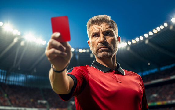 soccer referee shows red card to send off fouled player. Serious, decisive and severe