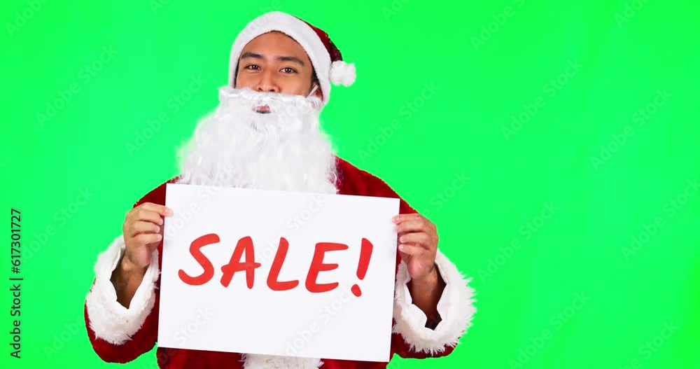 Canvas Prints Santa Claus, Christmas and man on green screen with sale sign for holiday, festival and celebration. Studio, festive season and portrait of male person with poster for discount, bargain and deal