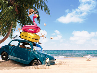 Cute green retro car with summer accessories and palm tree on beautiful tropical sand beach. Summer vacation concept. 3D Rendering, 3D Illustration