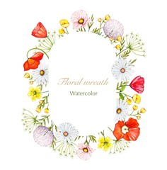 Floral wreath of meadow flowers and herbs, watercolor