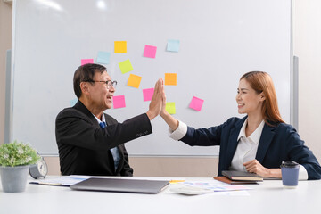 Administrator business man financial inspector and secretary making report calculating balance. Internal Revenue Service checking document.