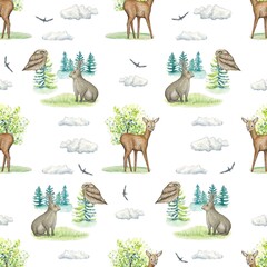 Seamless pattern with forest animals, deer, owl, rabbit, watercolor