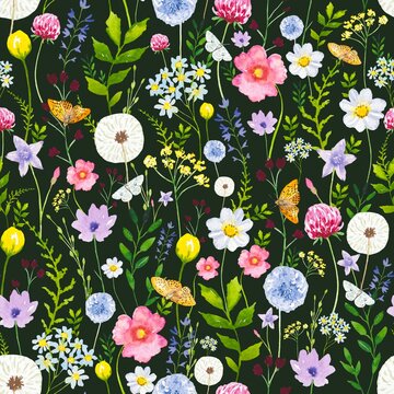 Hand drawn floral pattern with watercolor meadow flowers