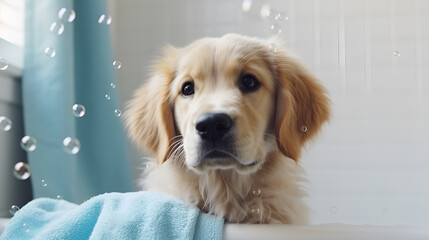 Portrait golden retriever dog in bathtub with foam and soap bubbles. Dog spa and grooming service concept. Generative AI