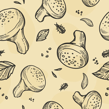 Mushrooms and leaves, organic products pattern