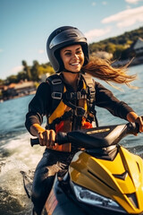 Fototapeta na wymiar Girl smiling on a jet ski in a helmet against the background of water and trees on the shore.