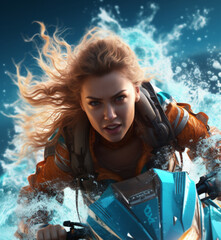 Girl in an open helmet on a jet ski against the background of blue water, a close-up of her face