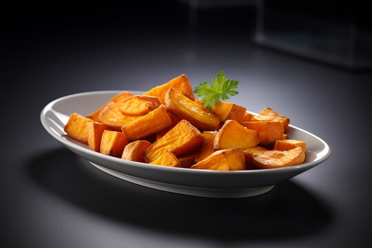 fried sweet potato on a plate, ultra hd black background
