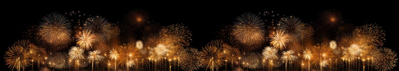 HAPPY NEW YEAR 2024 - Festive firework silvester New Year's Eve Party background banner panorama wide long greeting card - Gold fireworks pyrotechnics in the dark black night (Generative Ai).