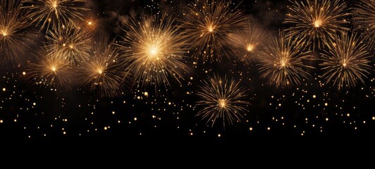 Naklejka premium HAPPY NEW YEAR 2025 - Festive firework silvester New Year's Eve Party background banner greeting card - Gold fireworks pyrotechnics in the dark black night (Generative Ai).
