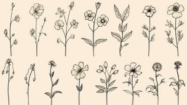 Simplified line drawings of flowers and plants. AI generated
