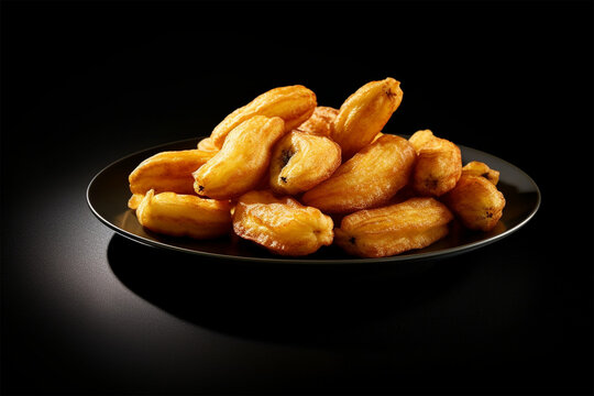 fried bananas on a plate, ultra hd black background