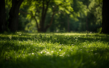 Naklejka premium Green grass with dew drops in the park, soft focus background